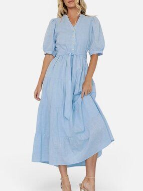 Baltic Born Camille Light Blue Cotton Tiered Maxi Dress XL Puff Sleeve